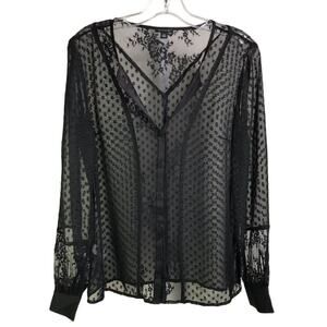 Ann Taylor Blouse Womens‎ XS Black Sheer Swiss Dot Lace Button Up Witchy Gothic